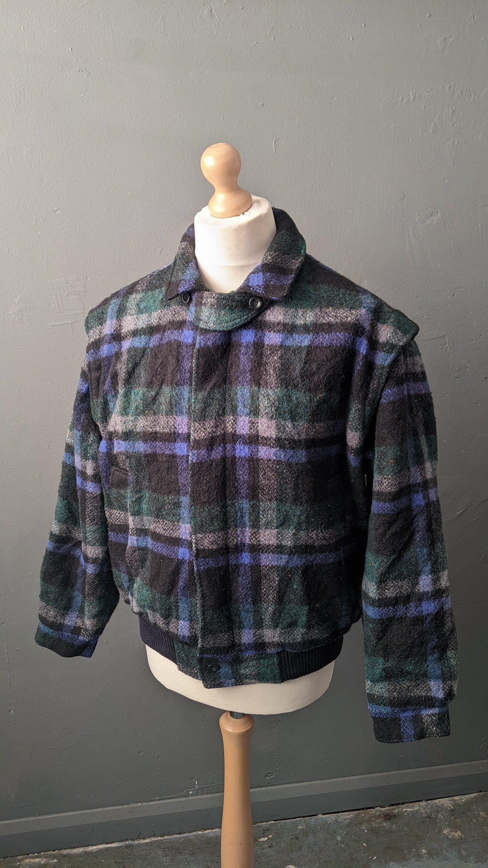 80s Tartan Wool Bomber Jacket by Melka, Plaid Check Coat, Size XL 48 Chest