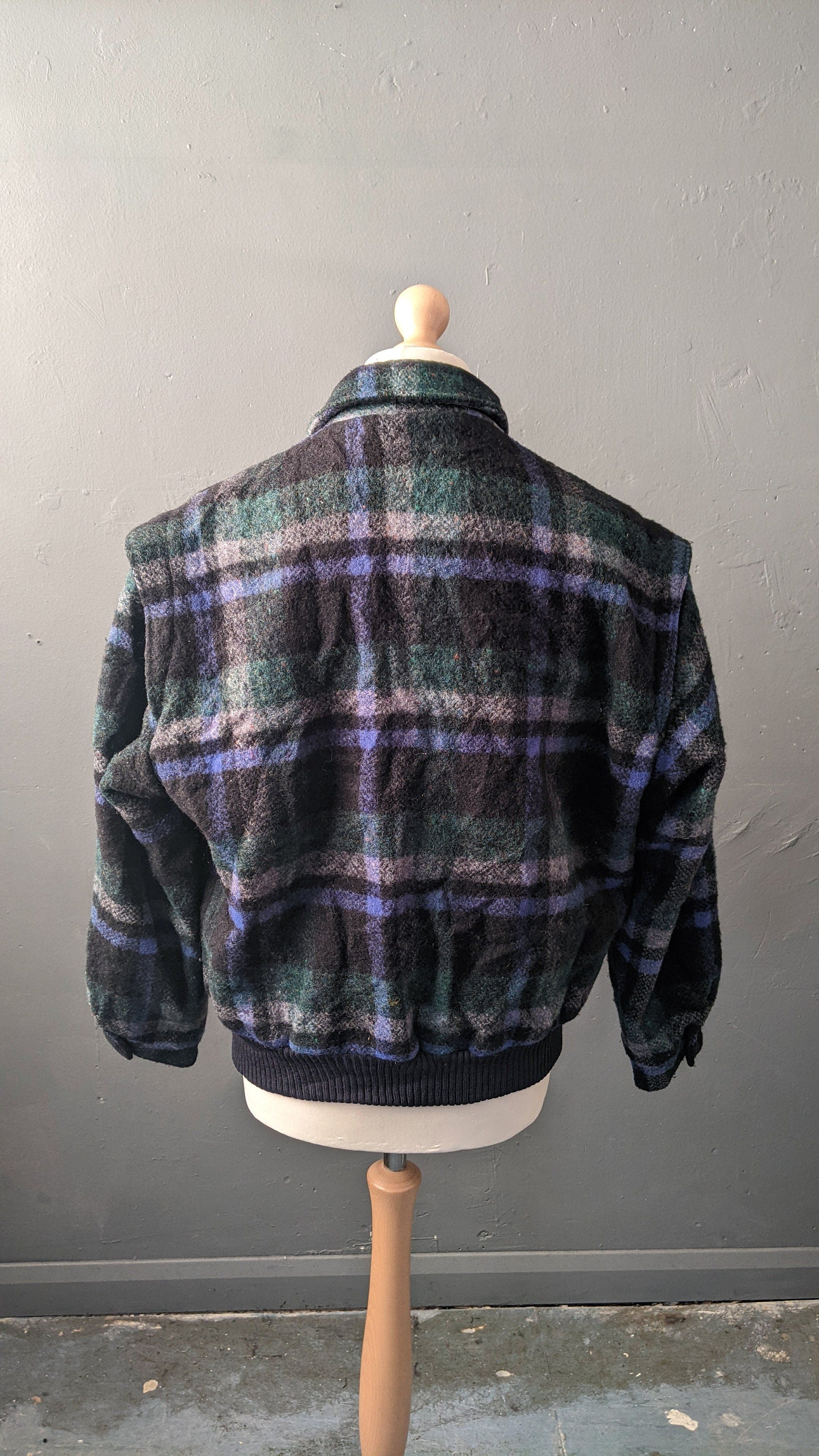 80s Tartan Wool Bomber Jacket by Melka, Plaid Check Coat, Size XL 48 Chest