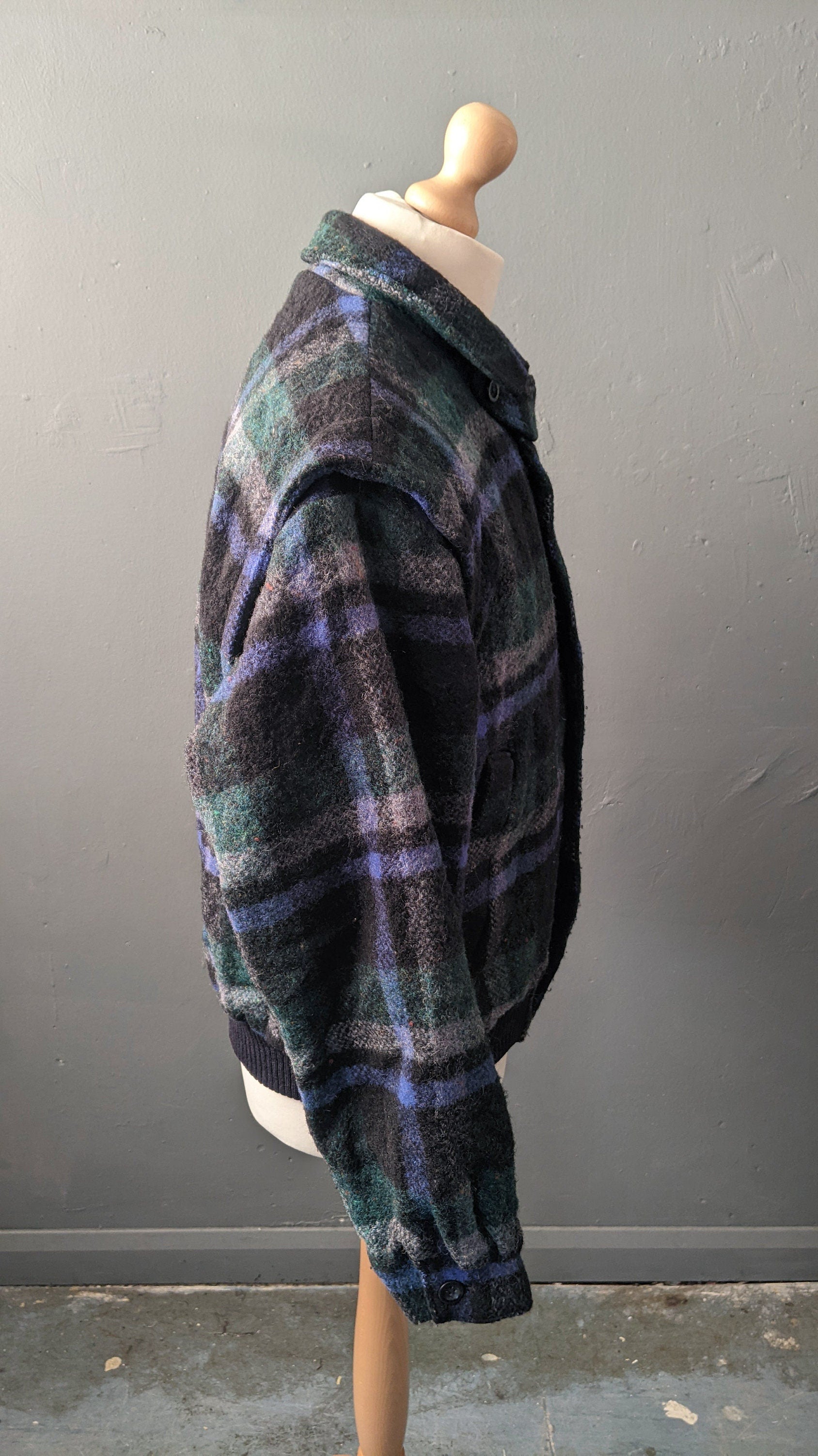 80s Tartan Wool Bomber Jacket by Melka, Plaid Check Coat, Size XL 48 Chest