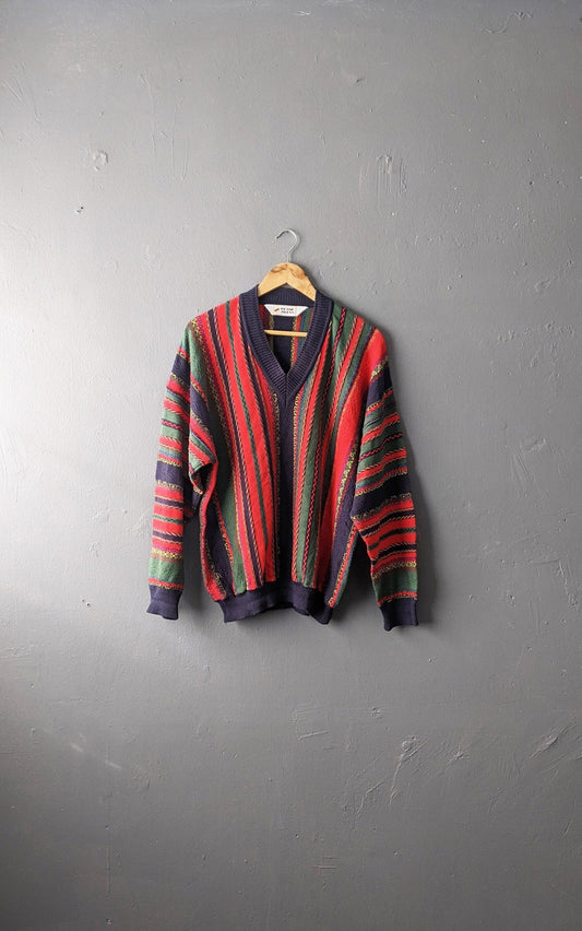 80s Colourful Stripes Jumper by Frank Alexs, 3D Knit Pullover, Size Large XL