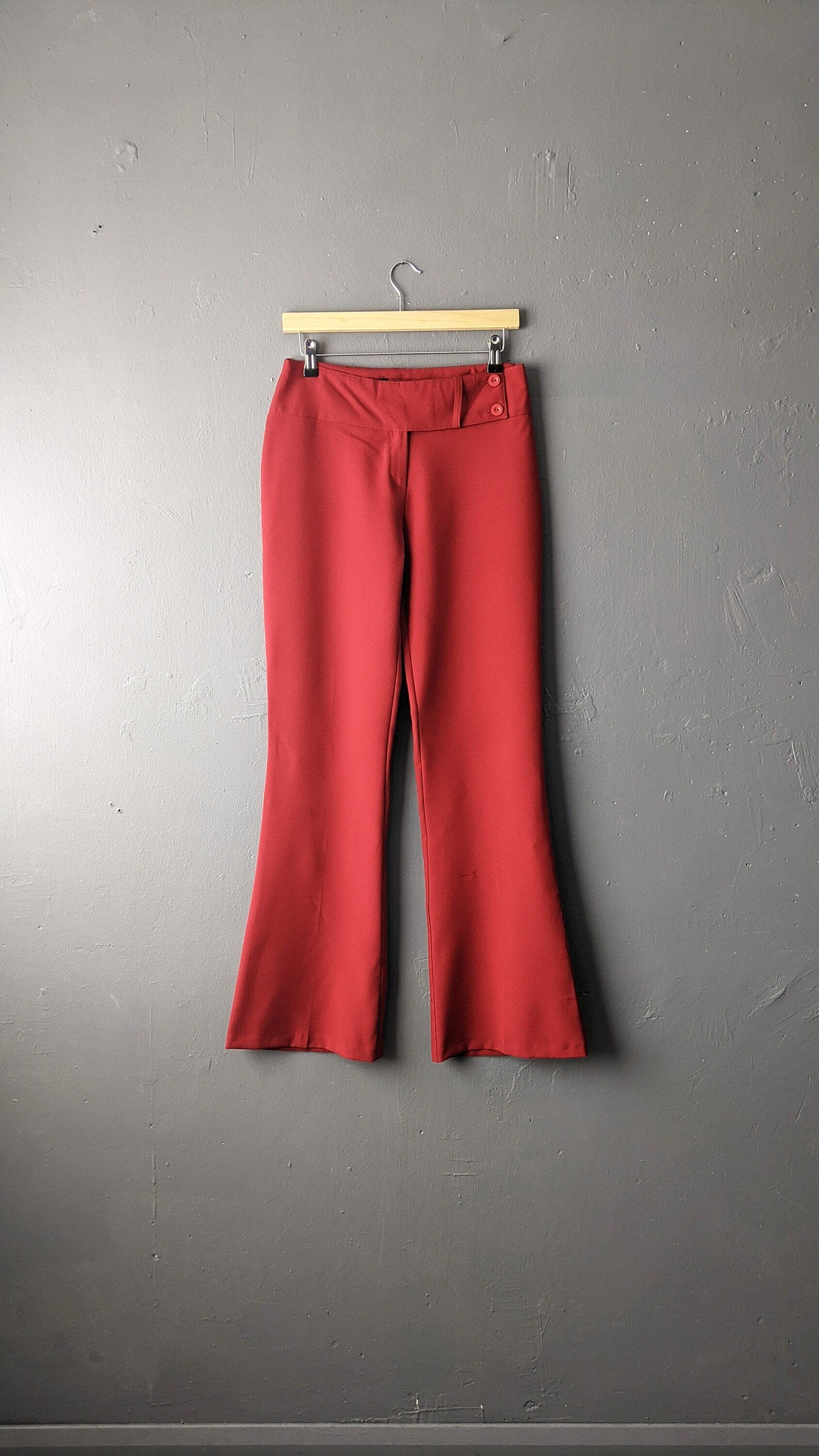 90s Deep Red Flared Trousers by Orsay, Low Rise Bootcut Wide Leg, Size Small Medium
