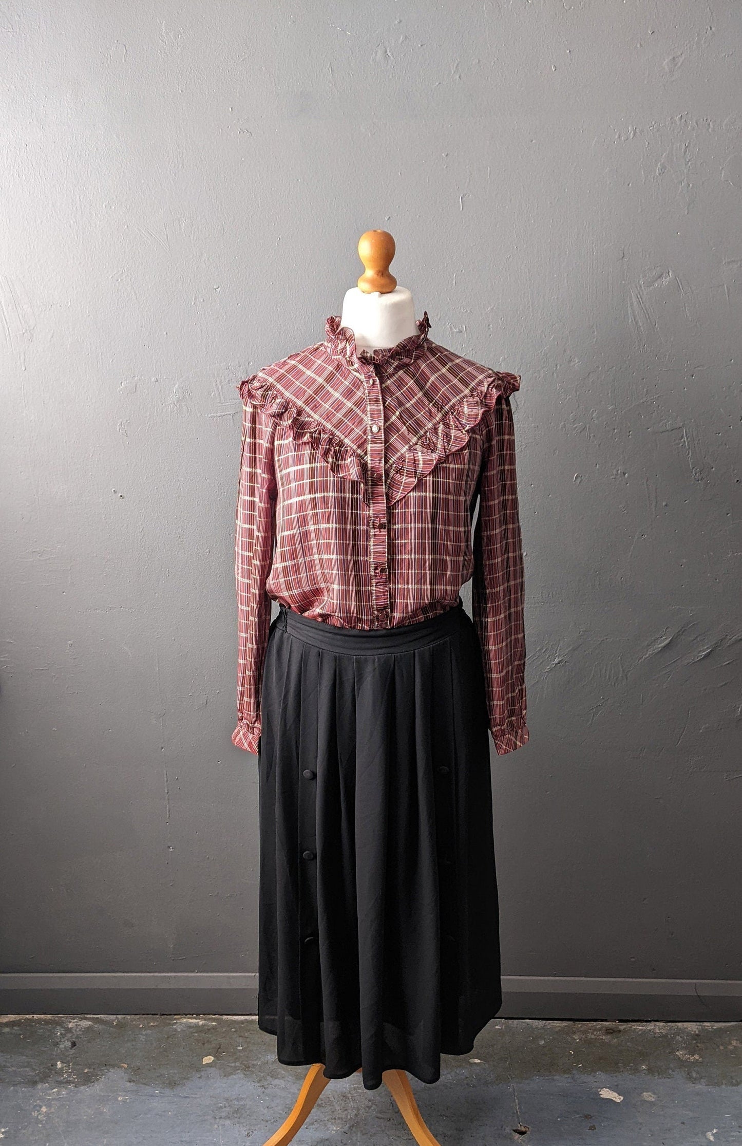 80s Frilly Check Blouse, Eighties Prairie Victoriana, Size Medium