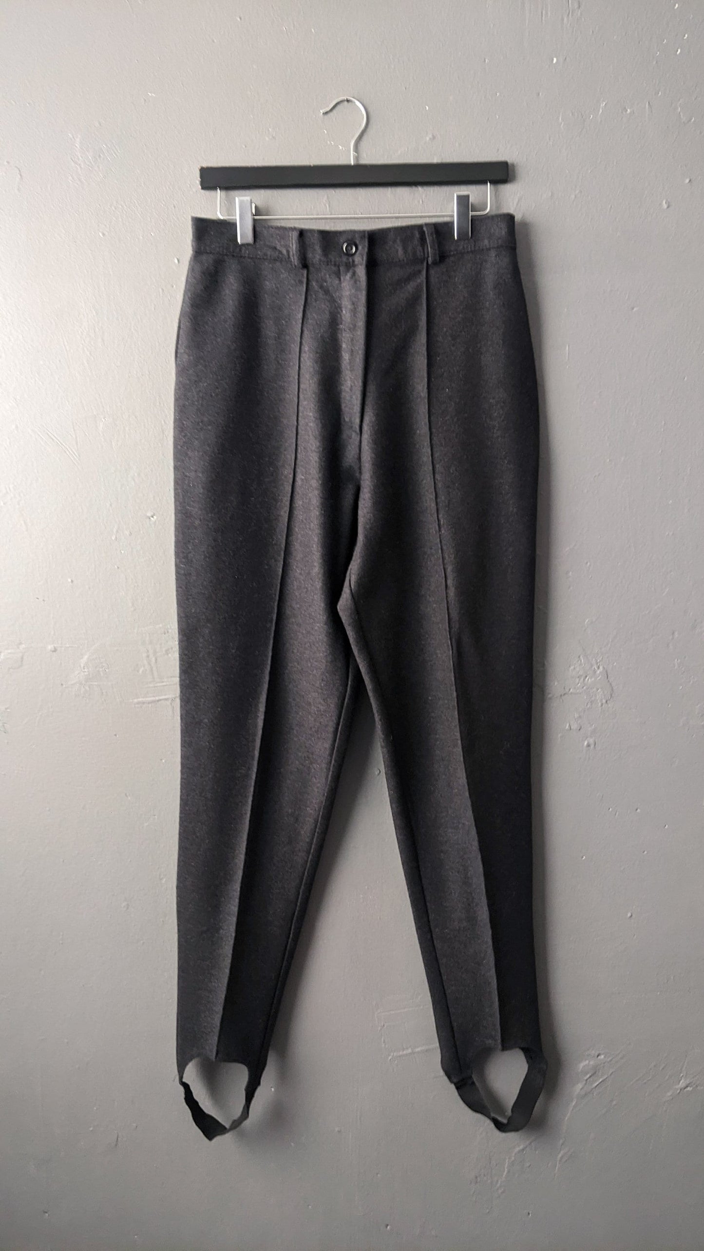 80s Wool Blend Stirrup Trousers, Dark Grey High Waist, Size Medium