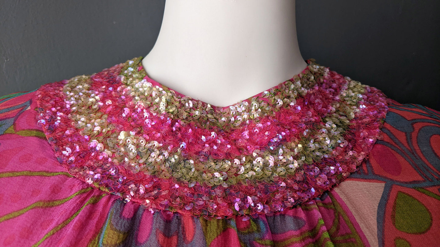 60s Psychedelic Silk Shift Dress with Sequin Collar by Robert Dorland of London, Size Small Medium