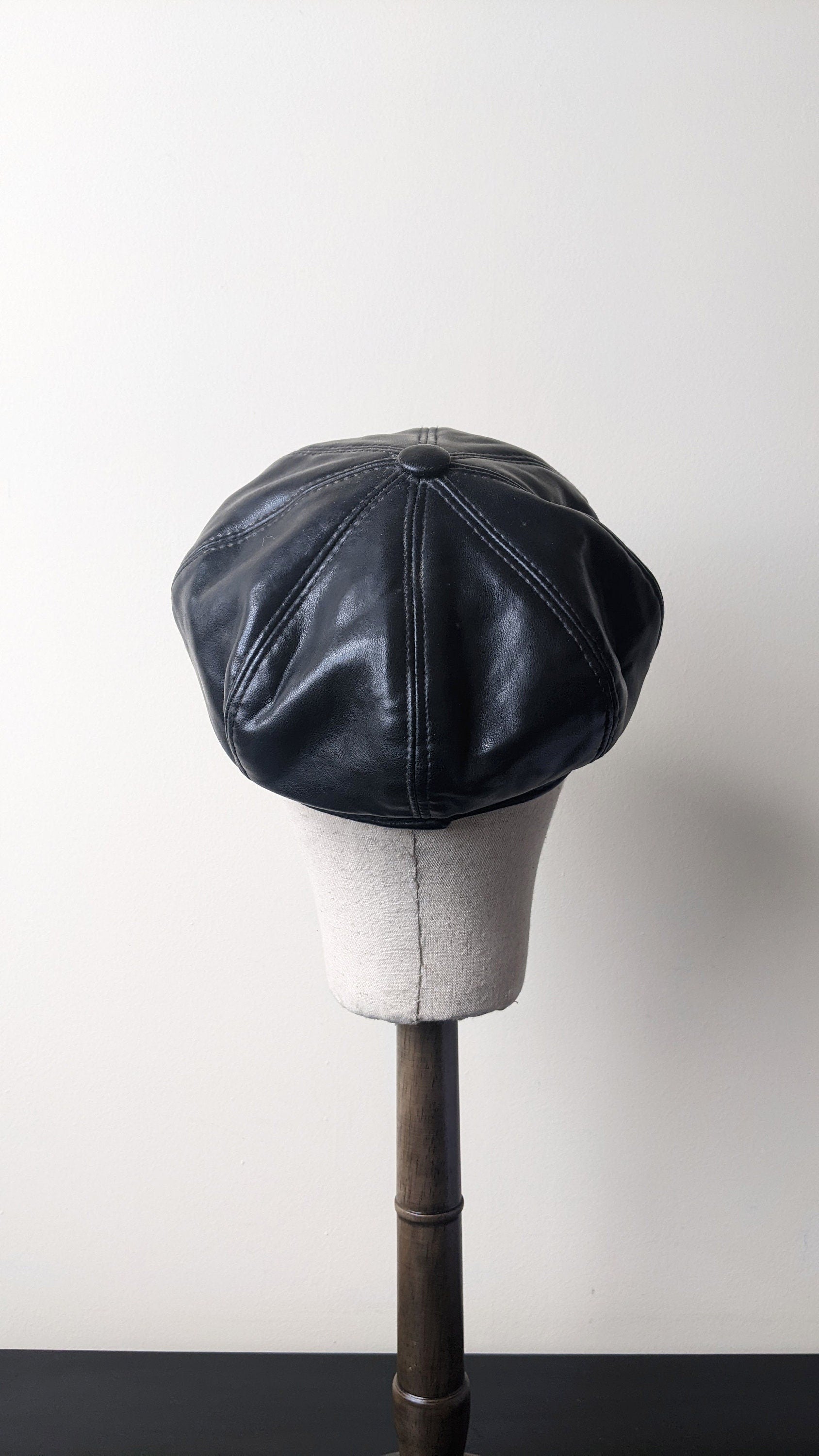 80s Black Leatherette Cap, PVC Baker Boy Hat, Size Small