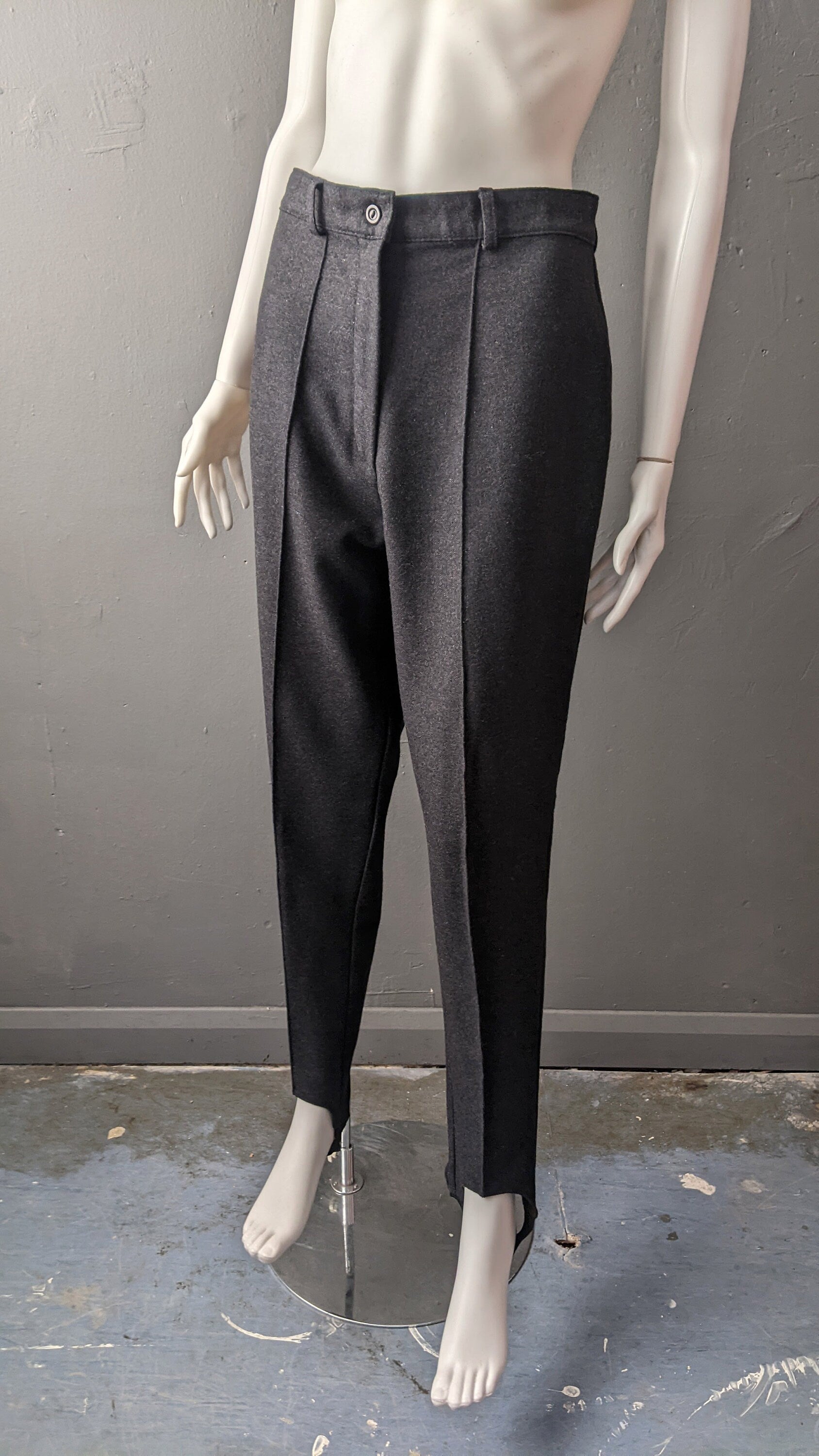 80s Wool Blend Stirrup Trousers, Dark Grey High Waist, Size Medium