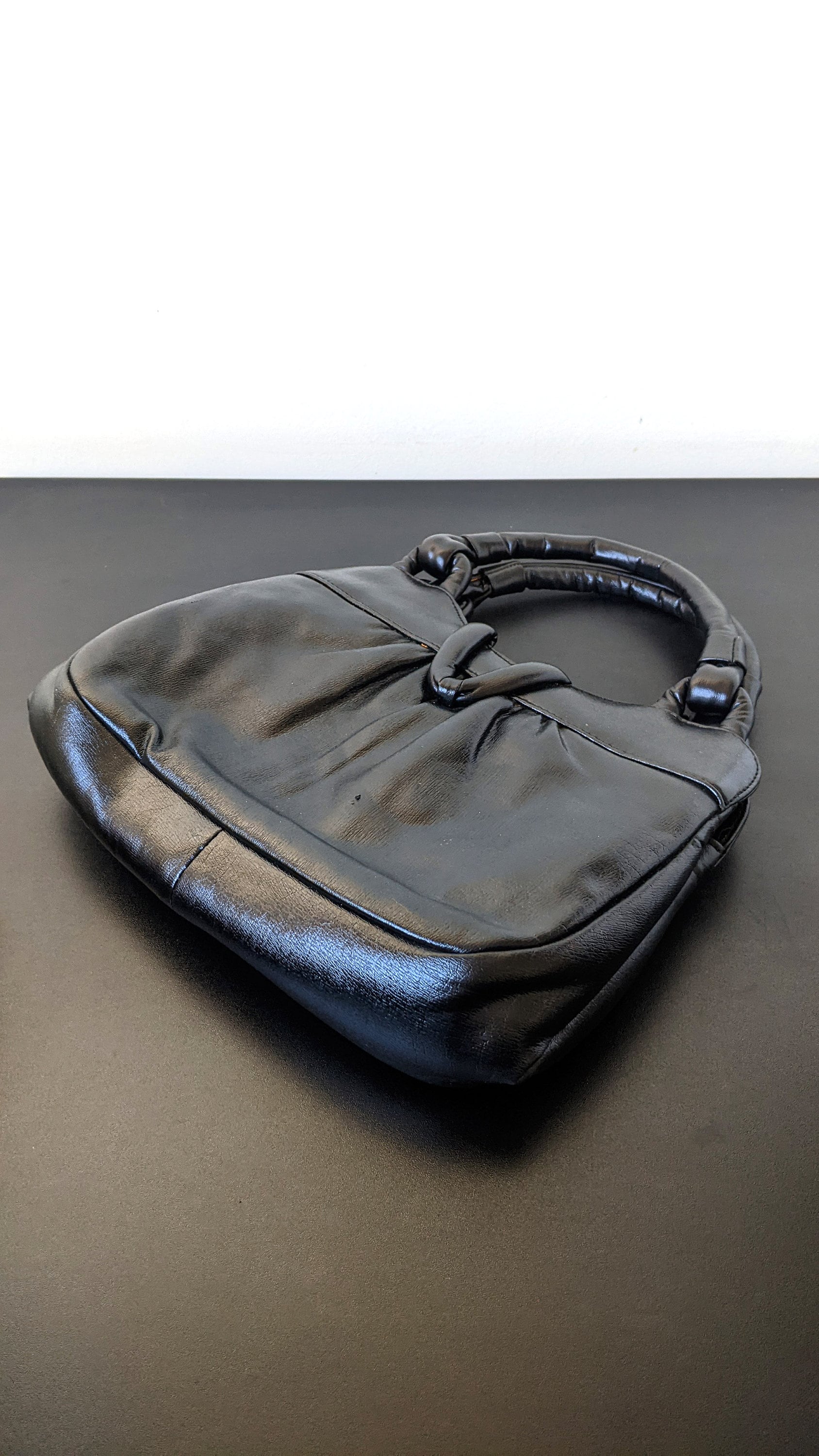 Vintage Black Handbag with Inner Frame, Vegan Leatherette Handheld Bag