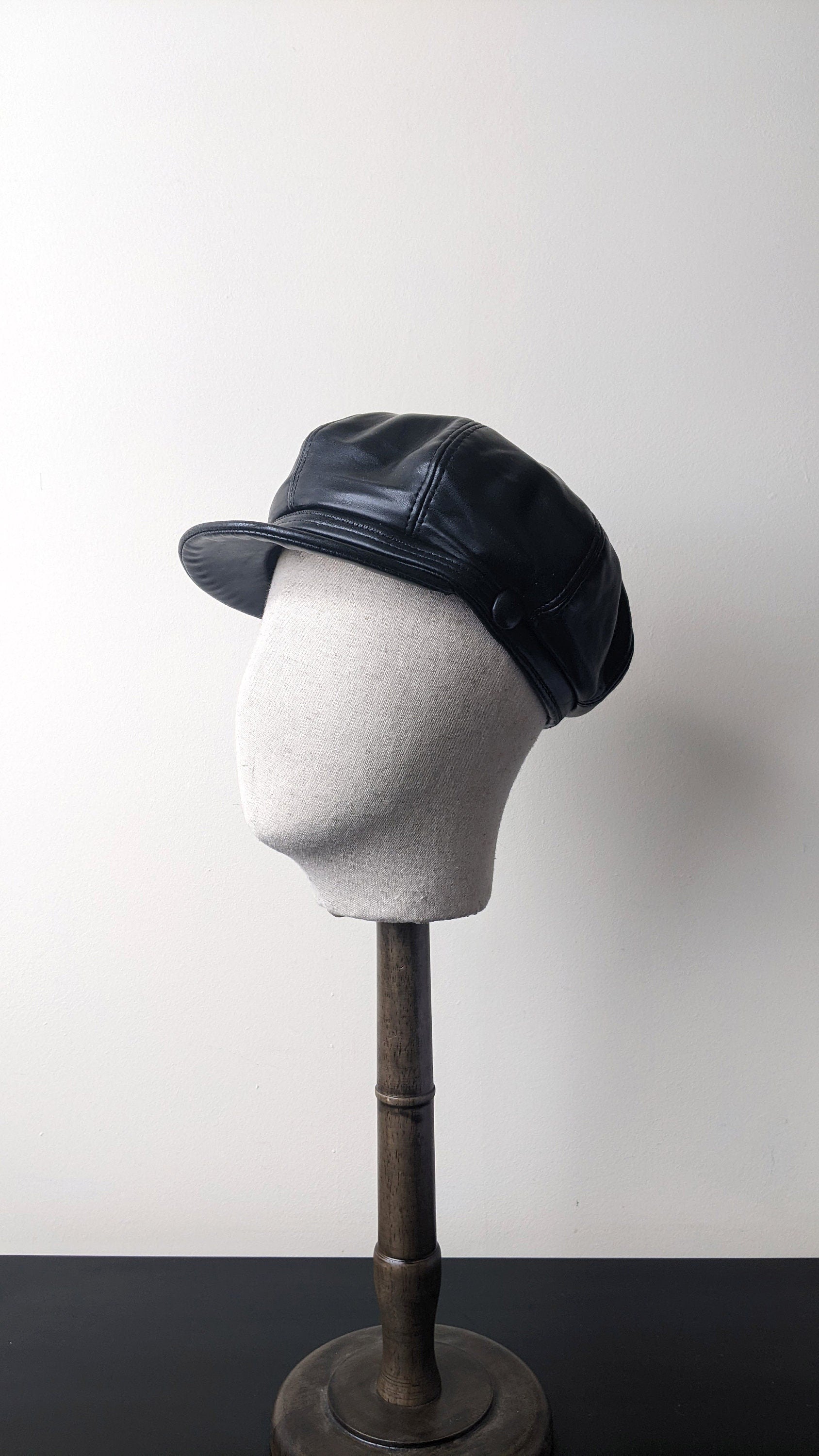 80s Black Leatherette Cap, PVC Baker Boy Hat, Size Small