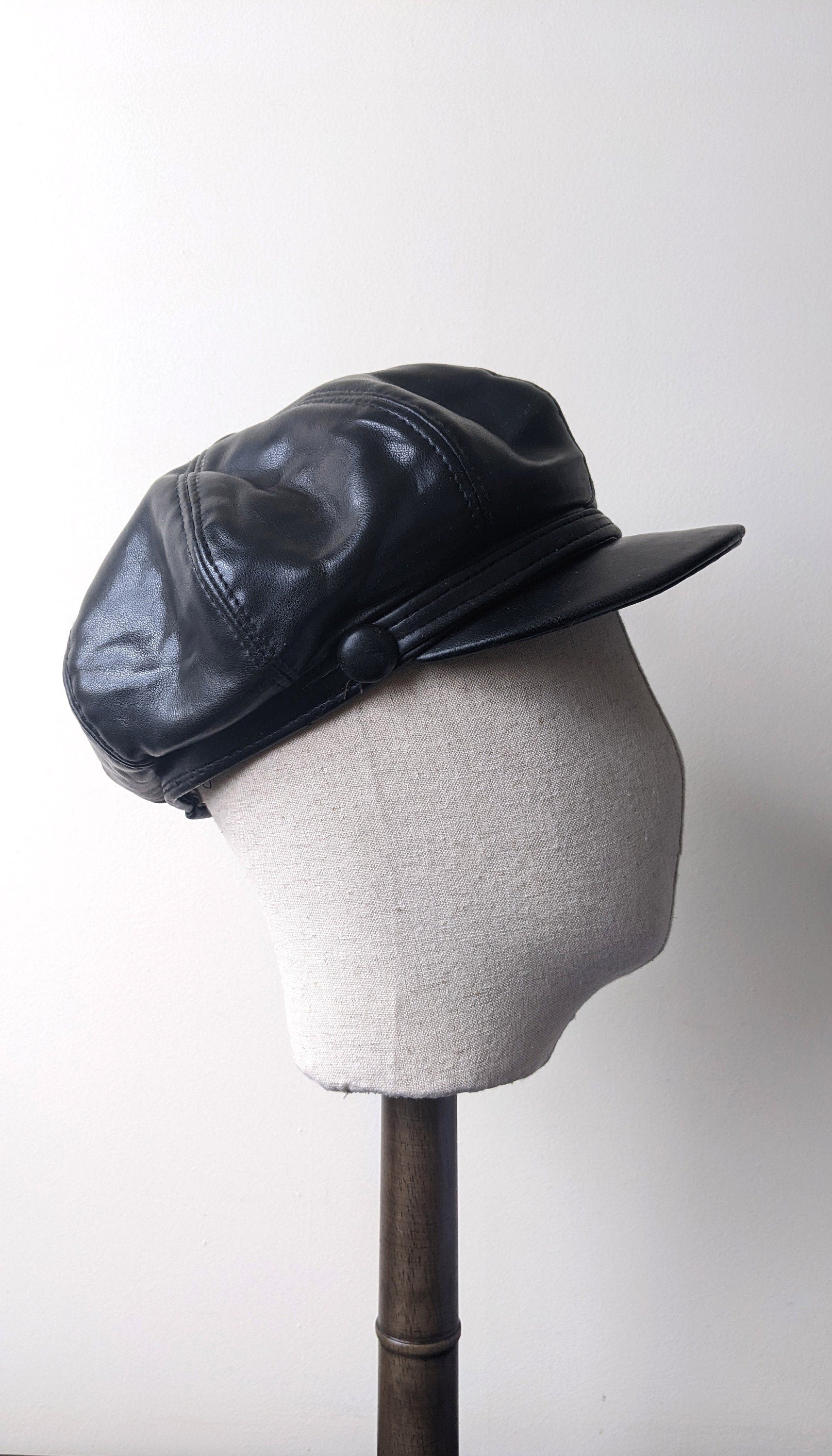 80s Black Leatherette Cap, PVC Baker Boy Hat, Size Small
