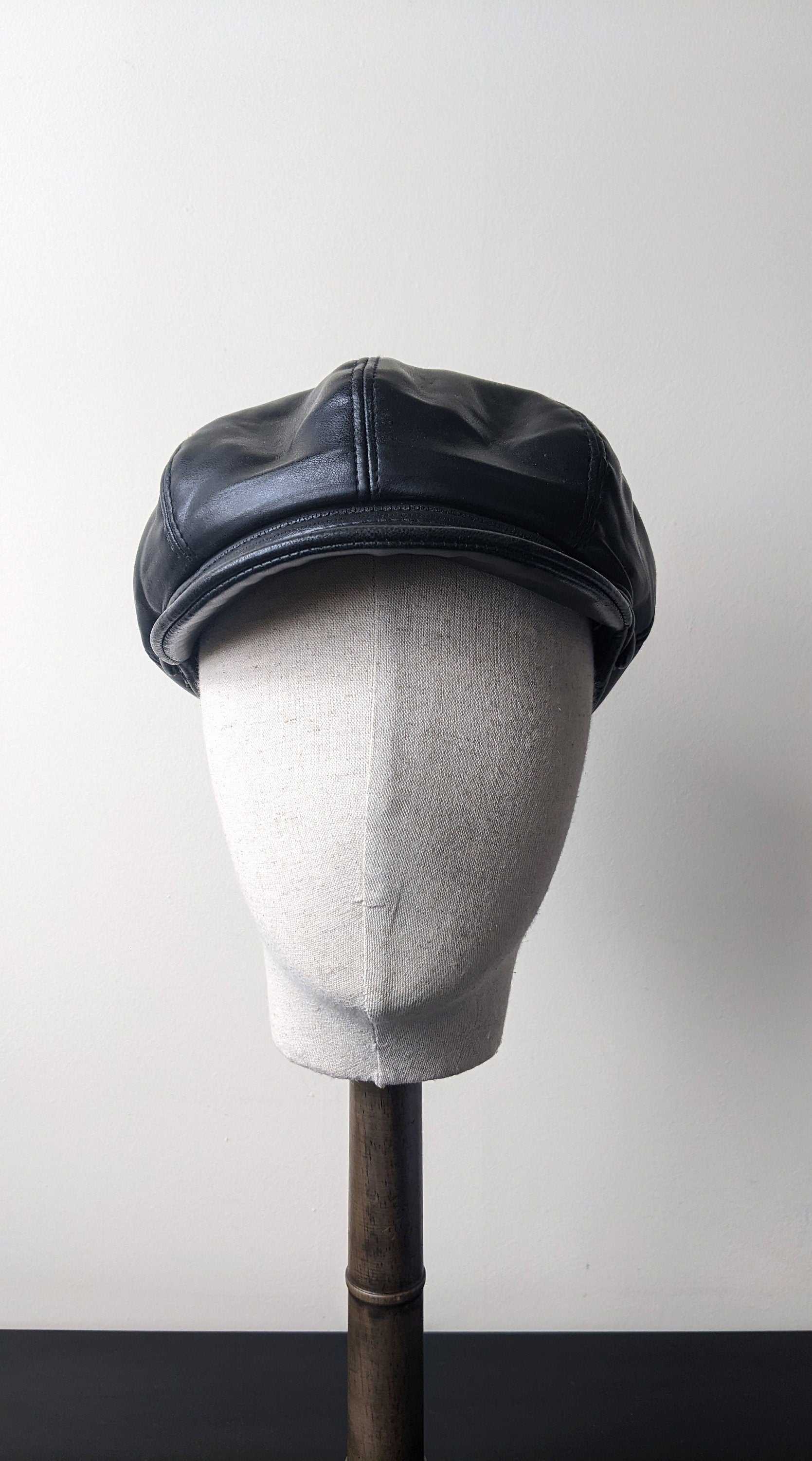 80s Black Leatherette Cap, PVC Baker Boy Hat, Size Small