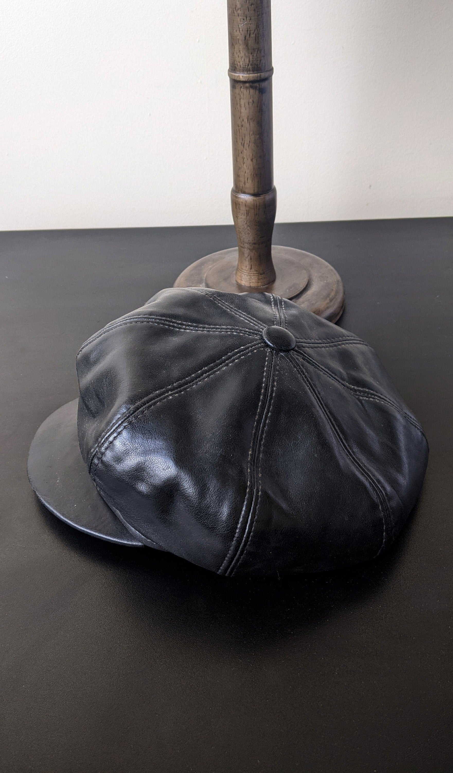 80s Black Leatherette Cap, PVC Baker Boy Hat, Size Small