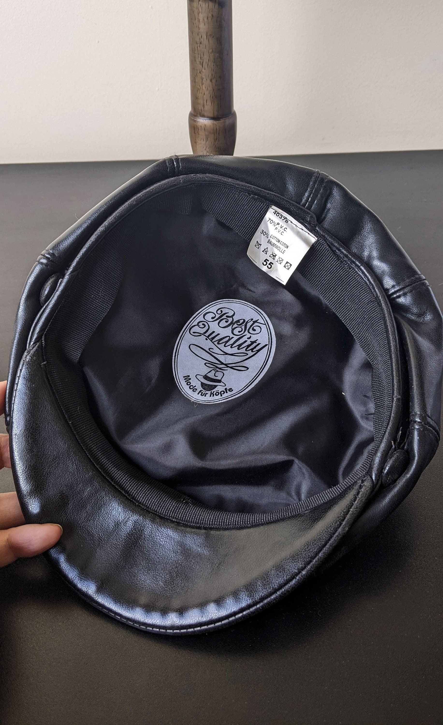 80s Black Leatherette Cap, PVC Baker Boy Hat, Size Small