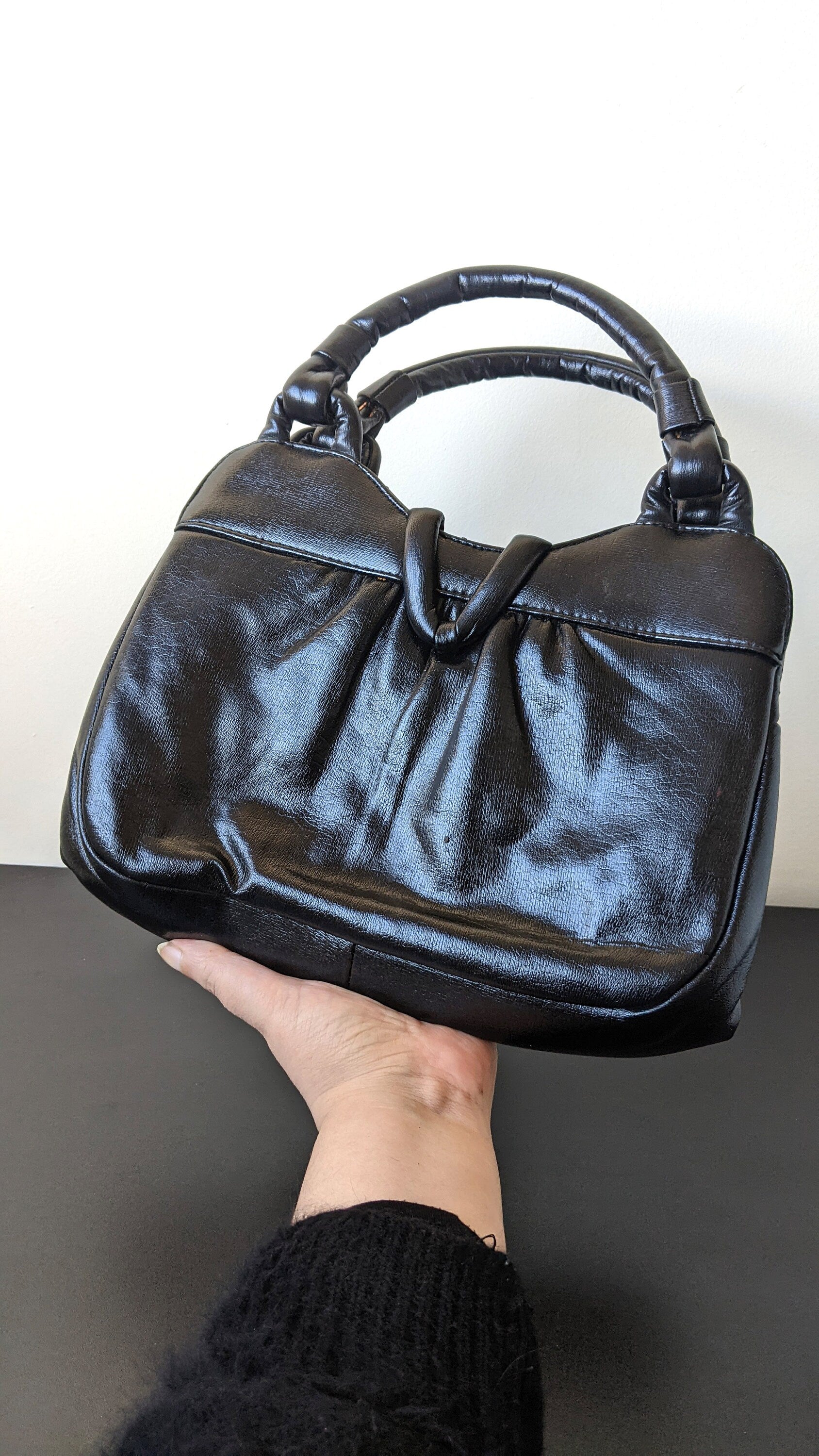 Vintage Black Handbag with Inner Frame, Vegan Leatherette Handheld Bag