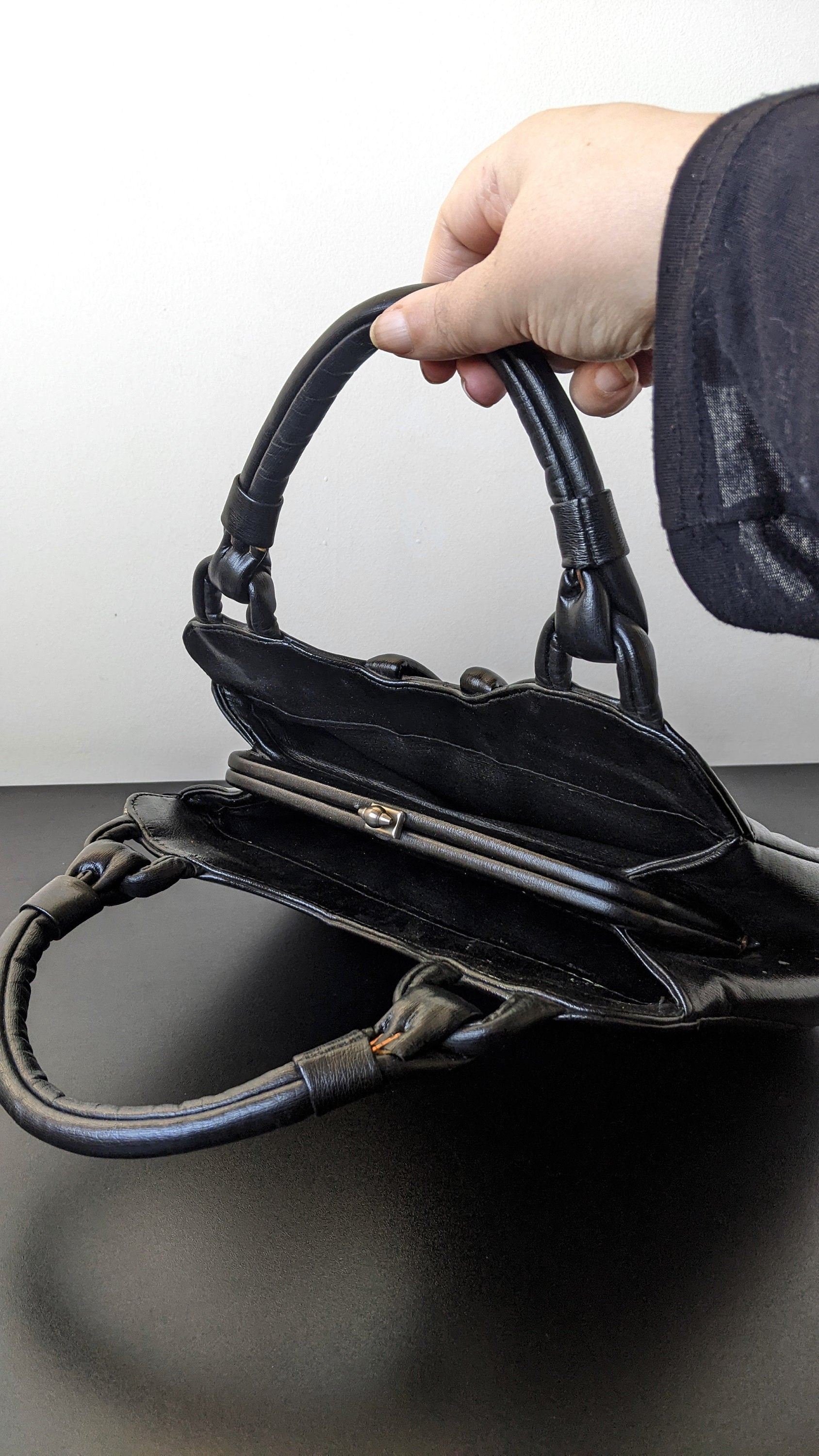 Vintage Black Handbag with Inner Frame, Vegan Leatherette Handheld Bag