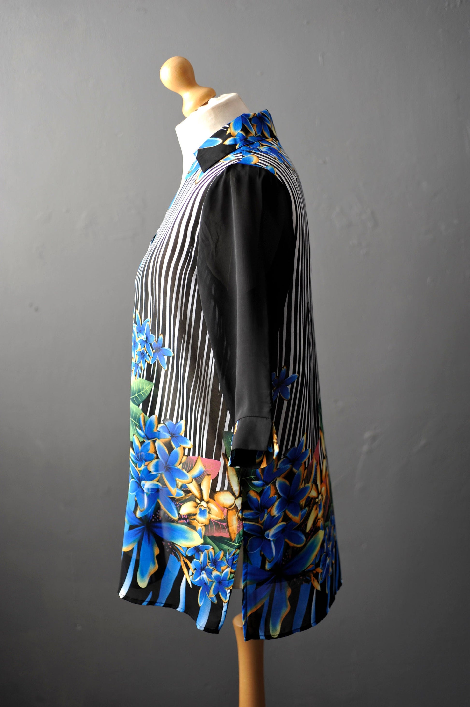 90s Tropical Flowers Chiffon Blouse, Multicoloured Loose Fit Shirt, Size Large