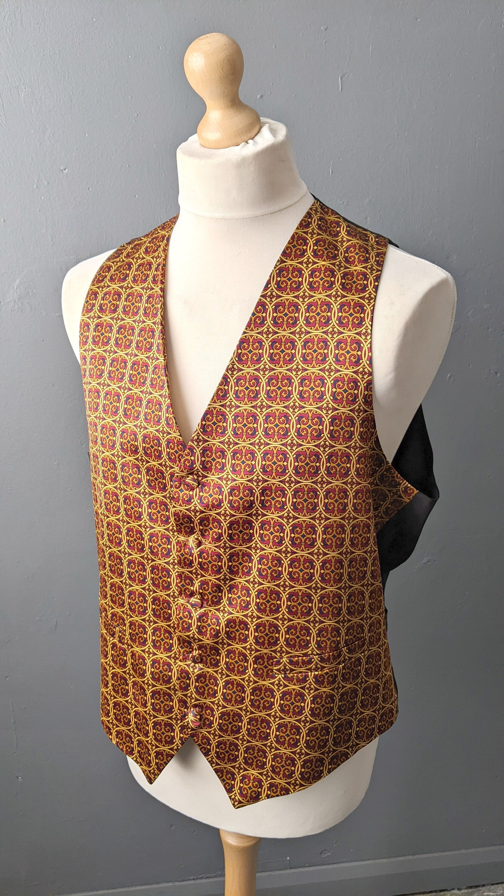 Vintage Mens Silk Waistcoat by Past Times, Pugin Gothic Revival Grooms Vest, Size Large