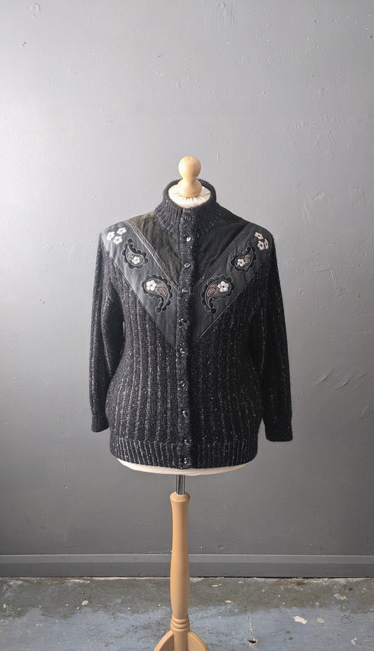 80s Embroidered Mohair Cardigan with Leather, Suede and Snakeskin, Plus Size XL