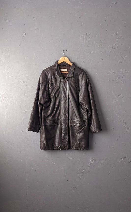 90s Oversized Leather Parka, Dark Brown Hip Long Coat, Size Medium Large