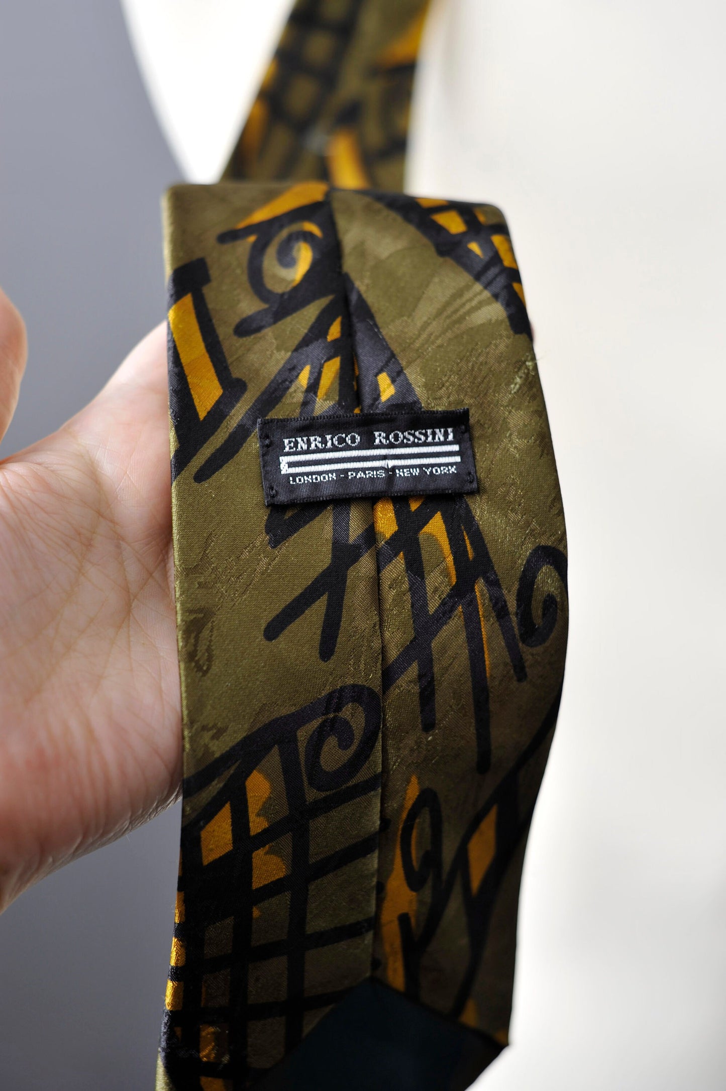 80s Khaki Abstract Geometric Tie, Modern Art Necktie