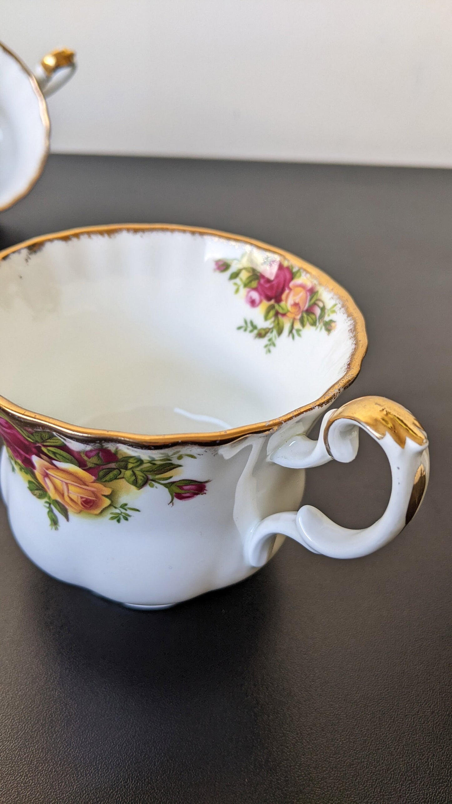 Pair of Old Country Roses Cups by Royal Albert, 60s Ornate Floral Chintz Bone China
