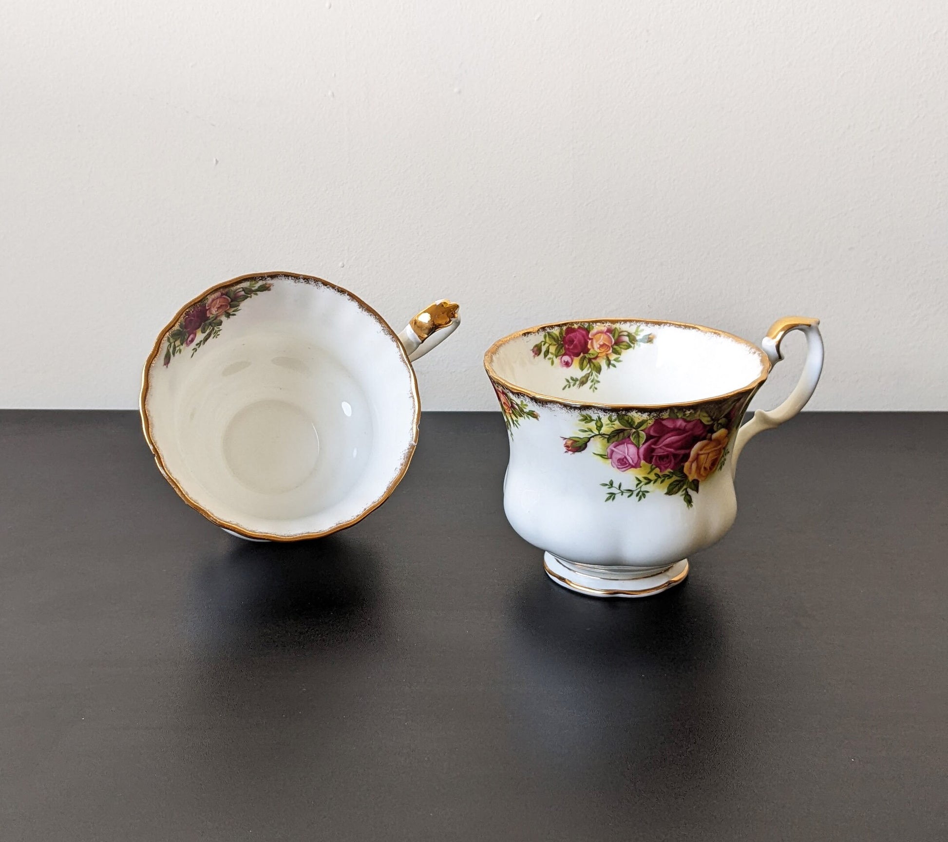 Pair of Old Country Roses Cups by Royal Albert, 60s Ornate Floral Chintz Bone China