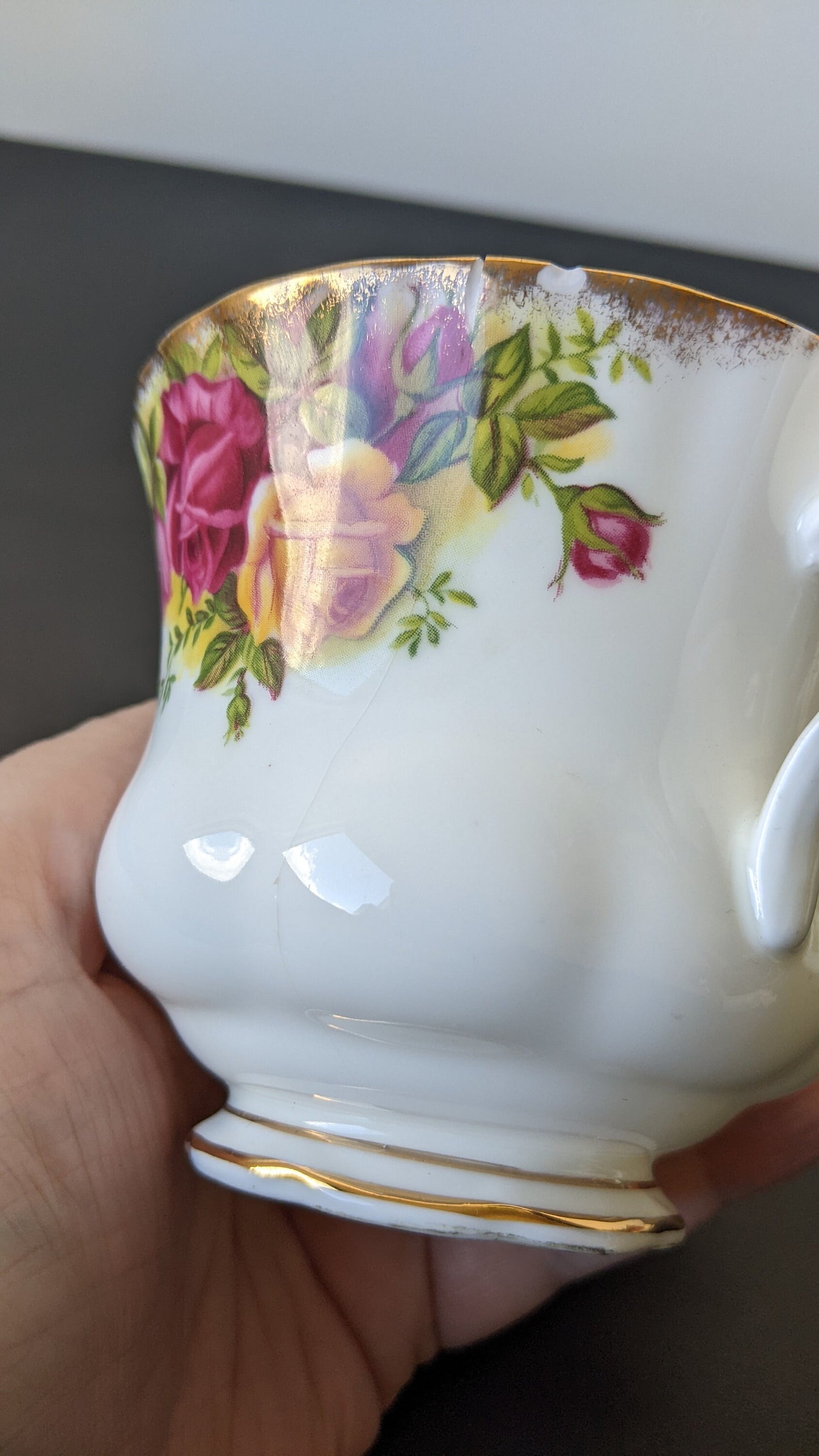 Pair of Old Country Roses Cups by Royal Albert, 60s Ornate Floral Chintz Bone China