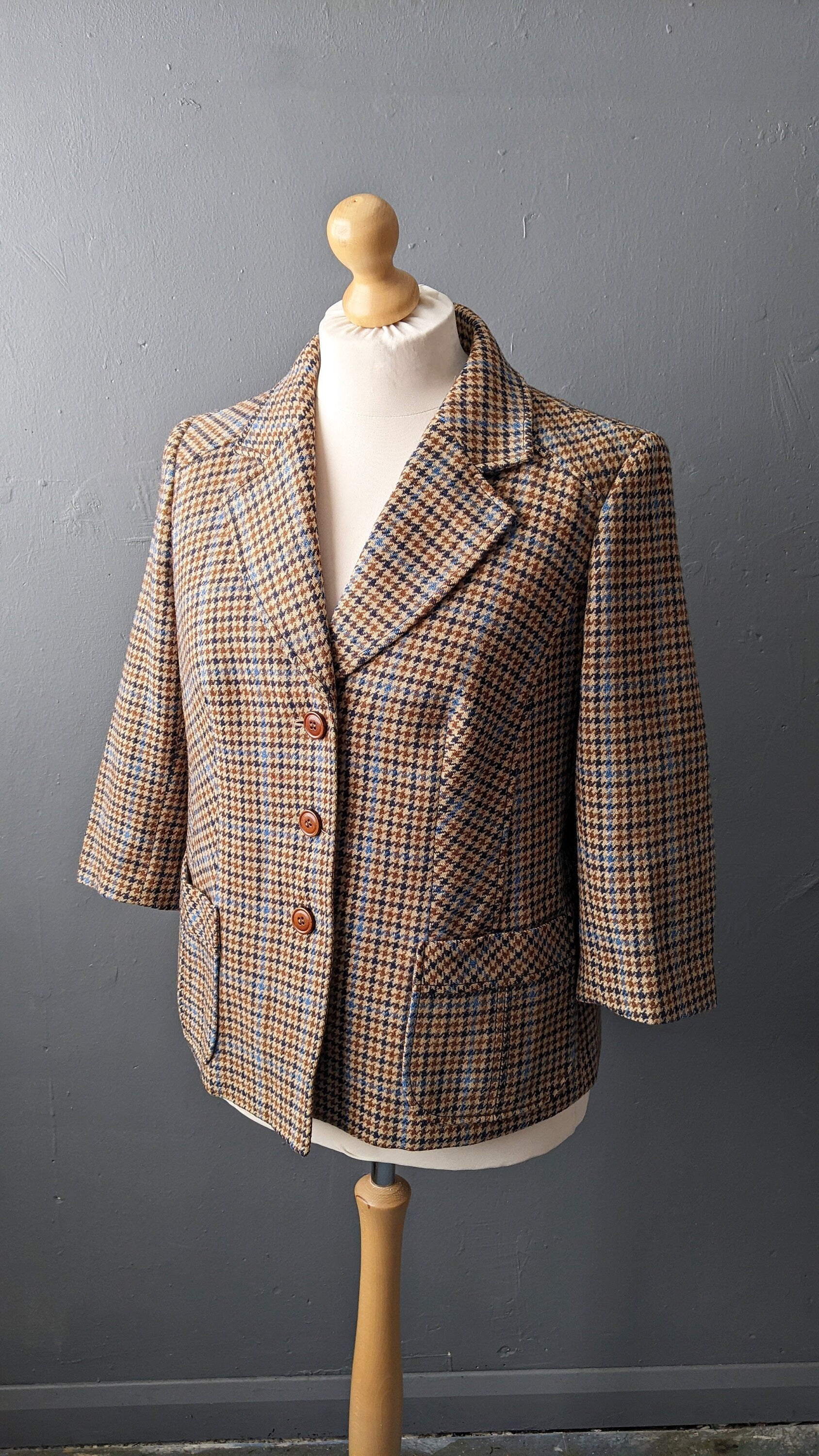80s Dogtooth Wool Jacket, Country Style Smart Blazer, Size Large