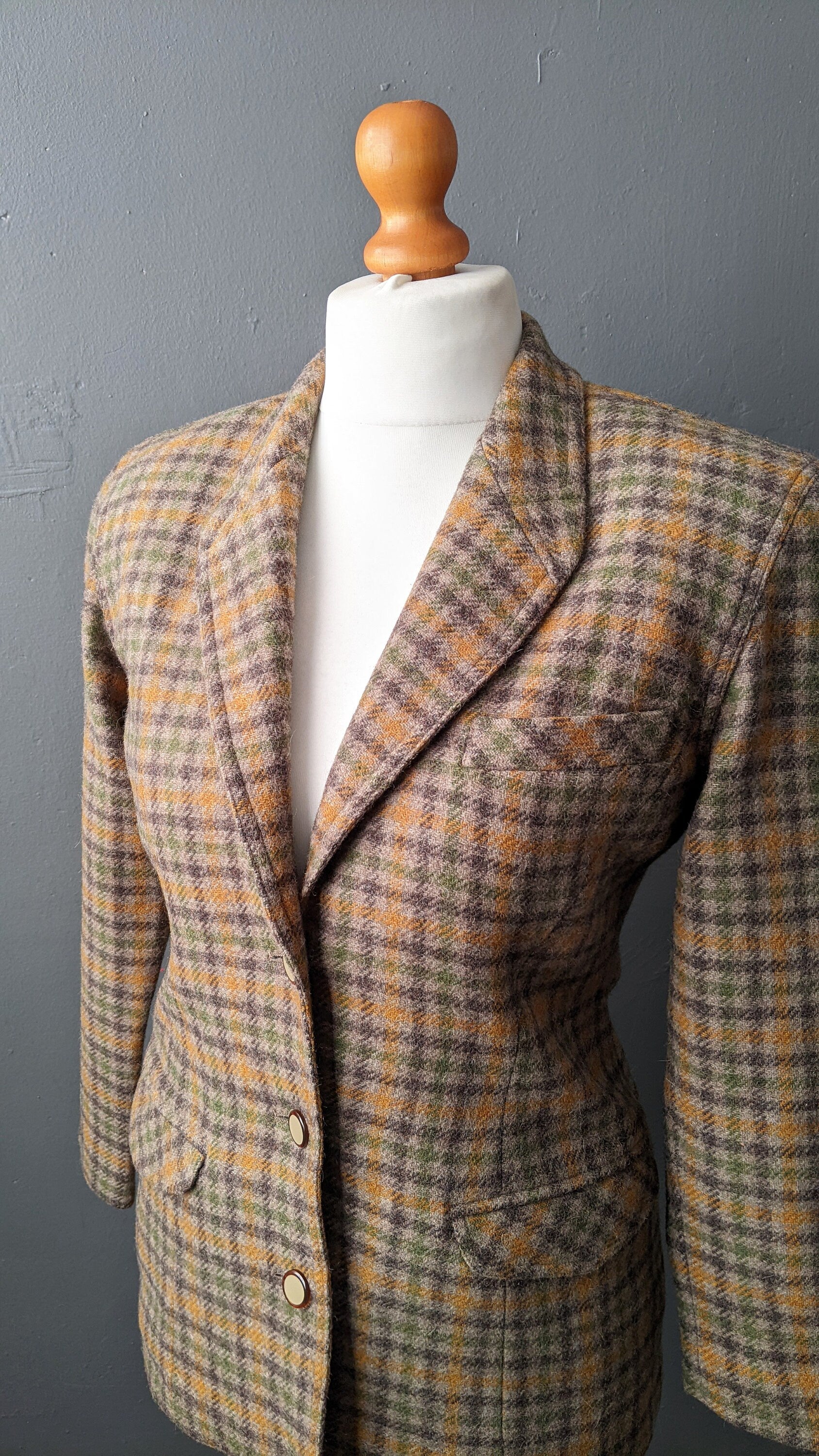 80s Country Check Wool Jacket, Fitted Smart Blazer, Size Small