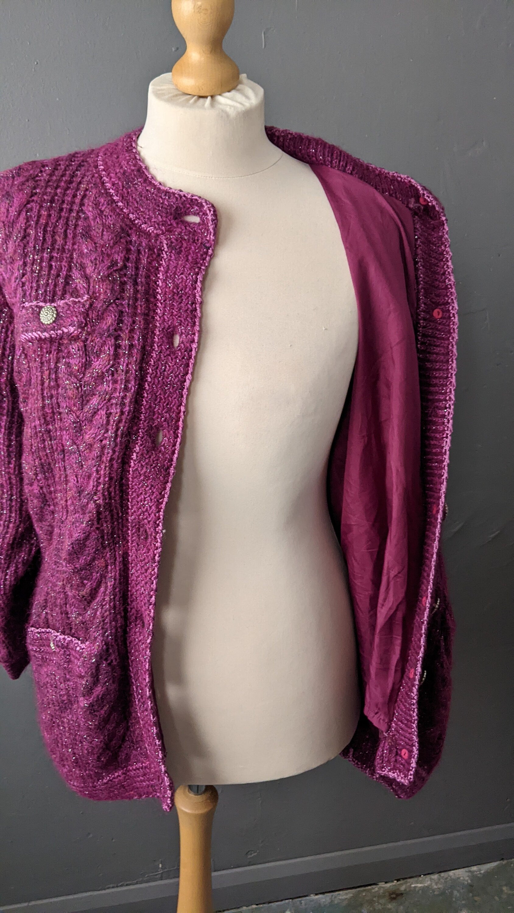 90s Magenta Cable Knit Cardigan, Oversized Chunky Coatigan, Size Medium Large