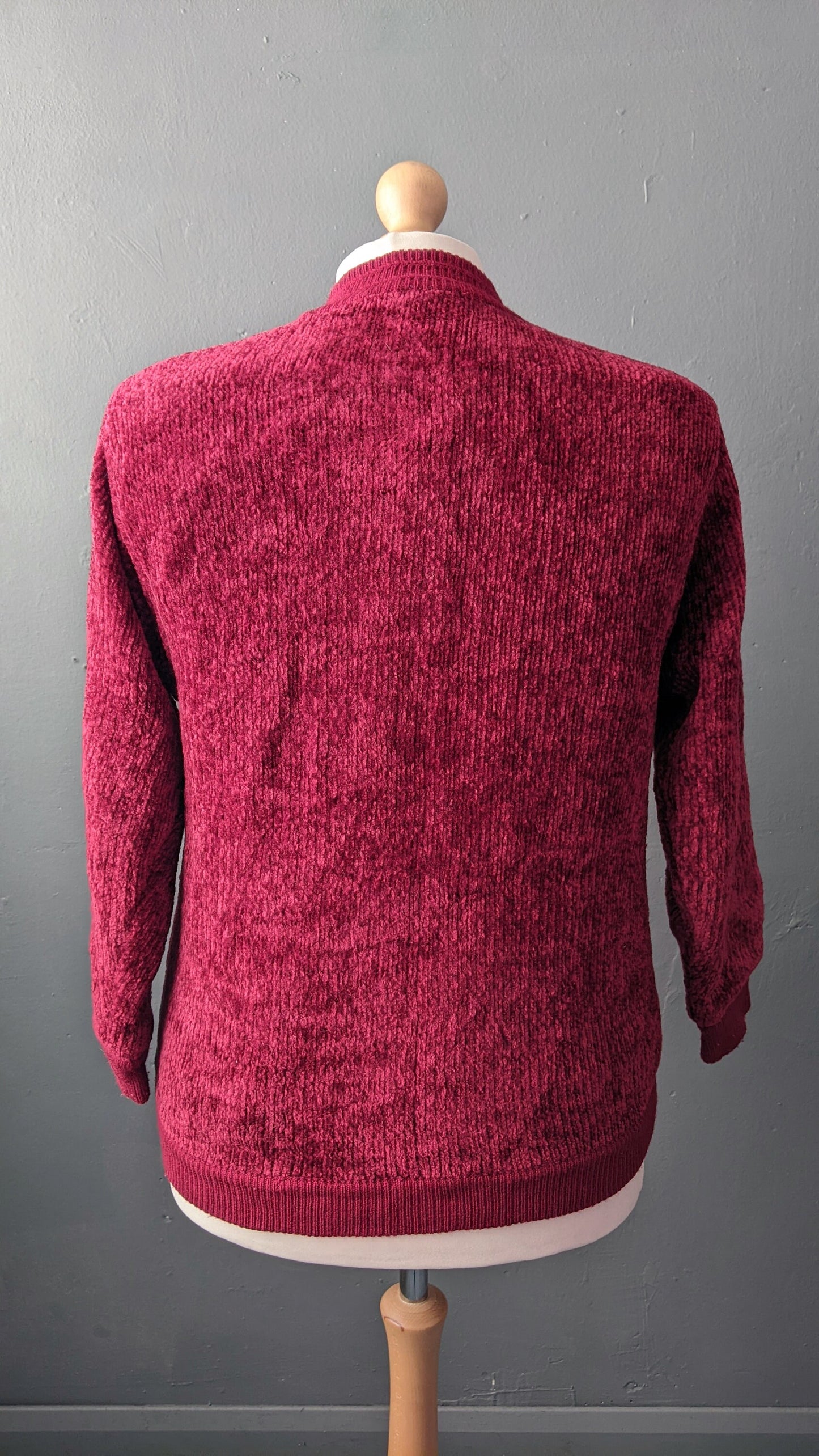 80s Maroon Velvety Cardigan, Multicoloured Chenille Coatigan, Size Medium