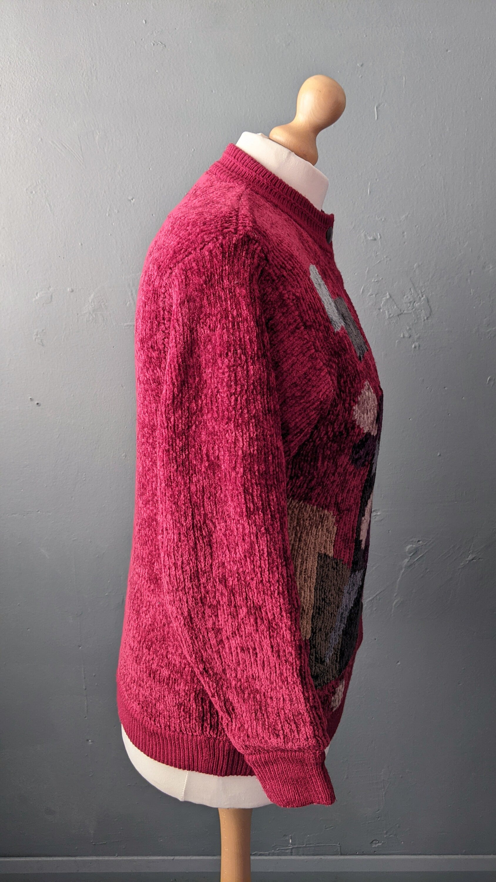 80s Maroon Velvety Cardigan, Multicoloured Chenille Coatigan, Size Medium