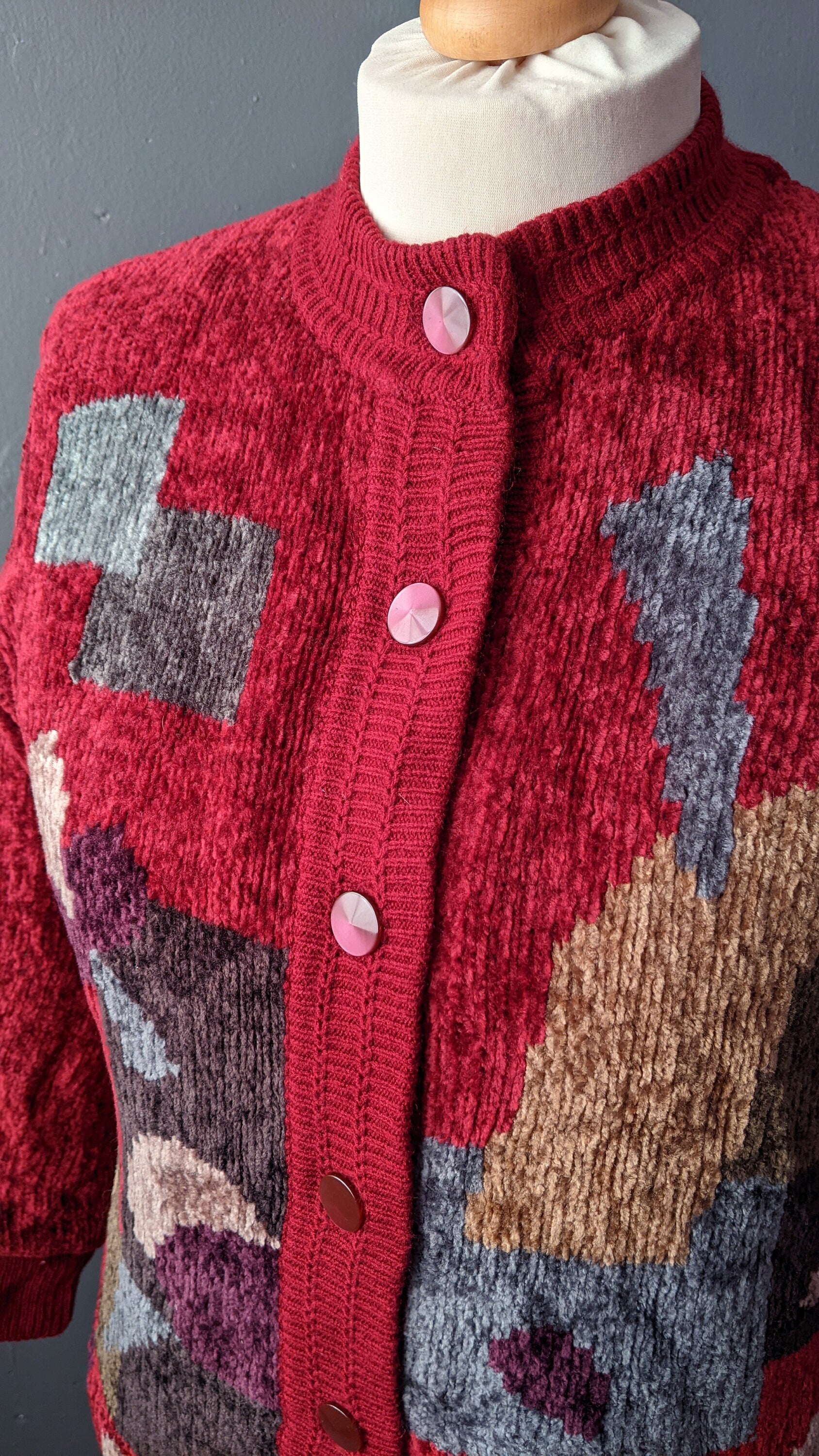80s Maroon Velvety Cardigan, Multicoloured Chenille Coatigan, Size Medium