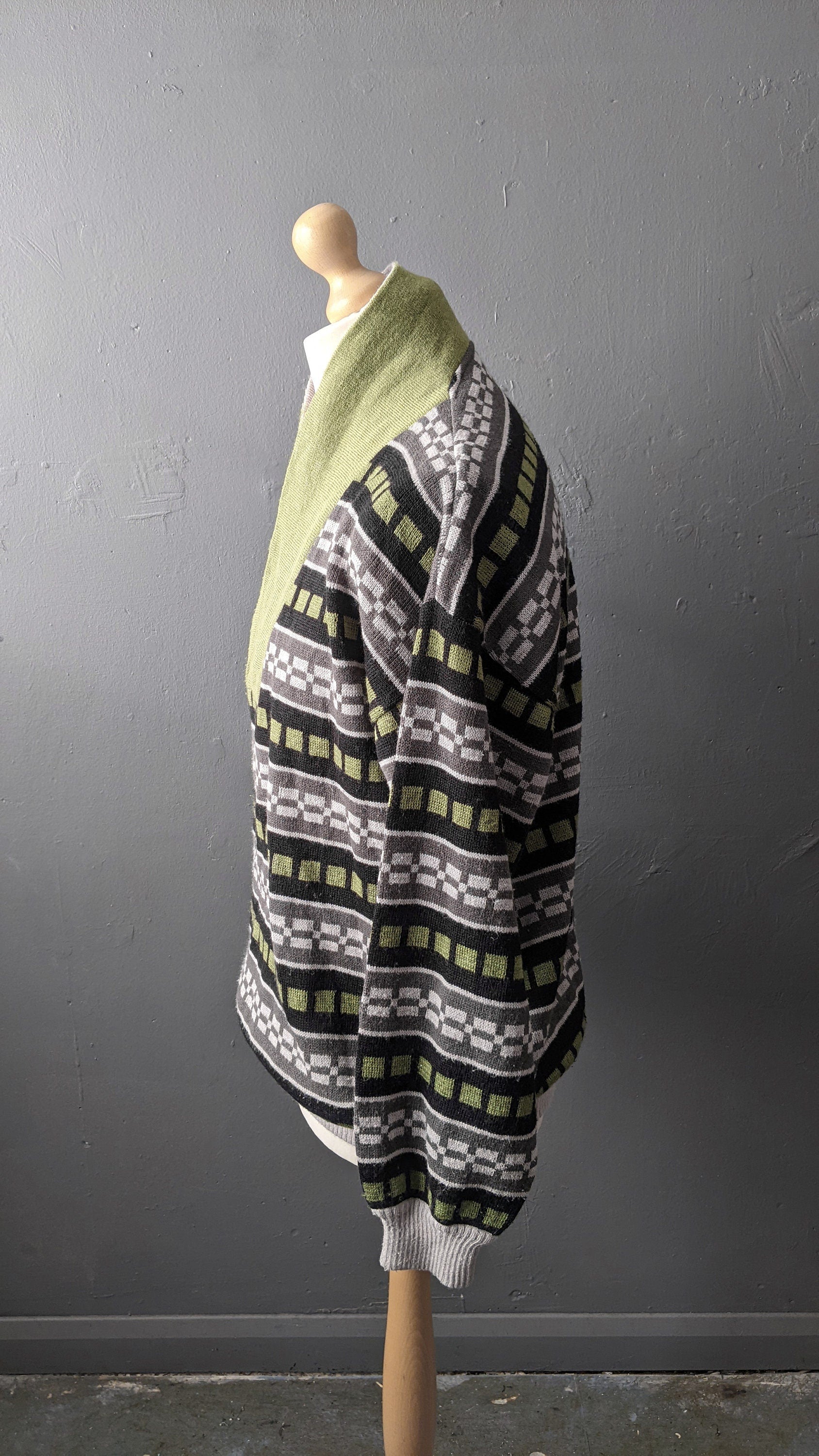 90s Striped High Neck Wool Blend Sweater with Button Shawl Collar, Size L XL 44 46 Chest