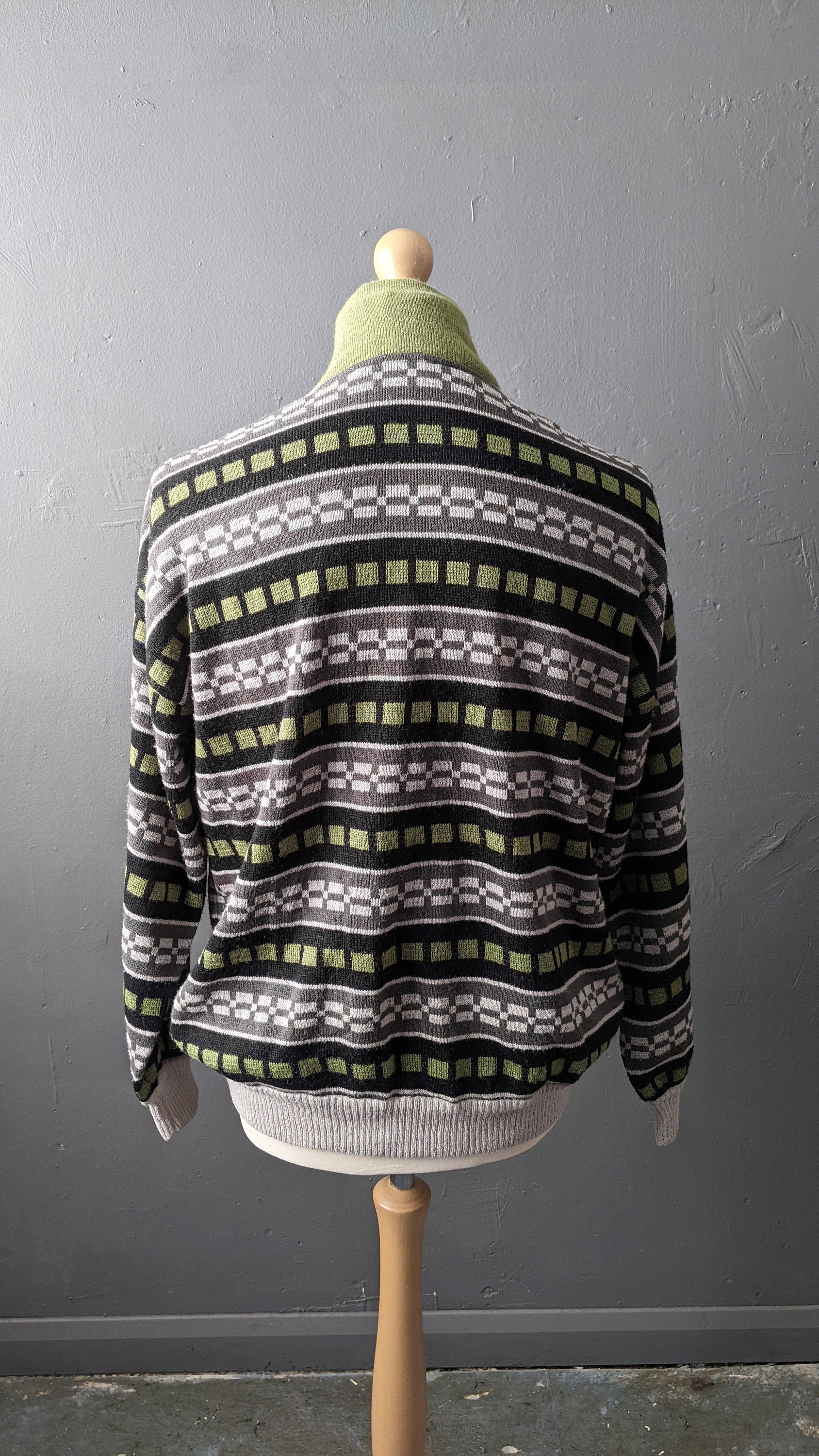 90s Striped High Neck Wool Blend Sweater with Button Shawl Collar, Size L XL 44 46 Chest
