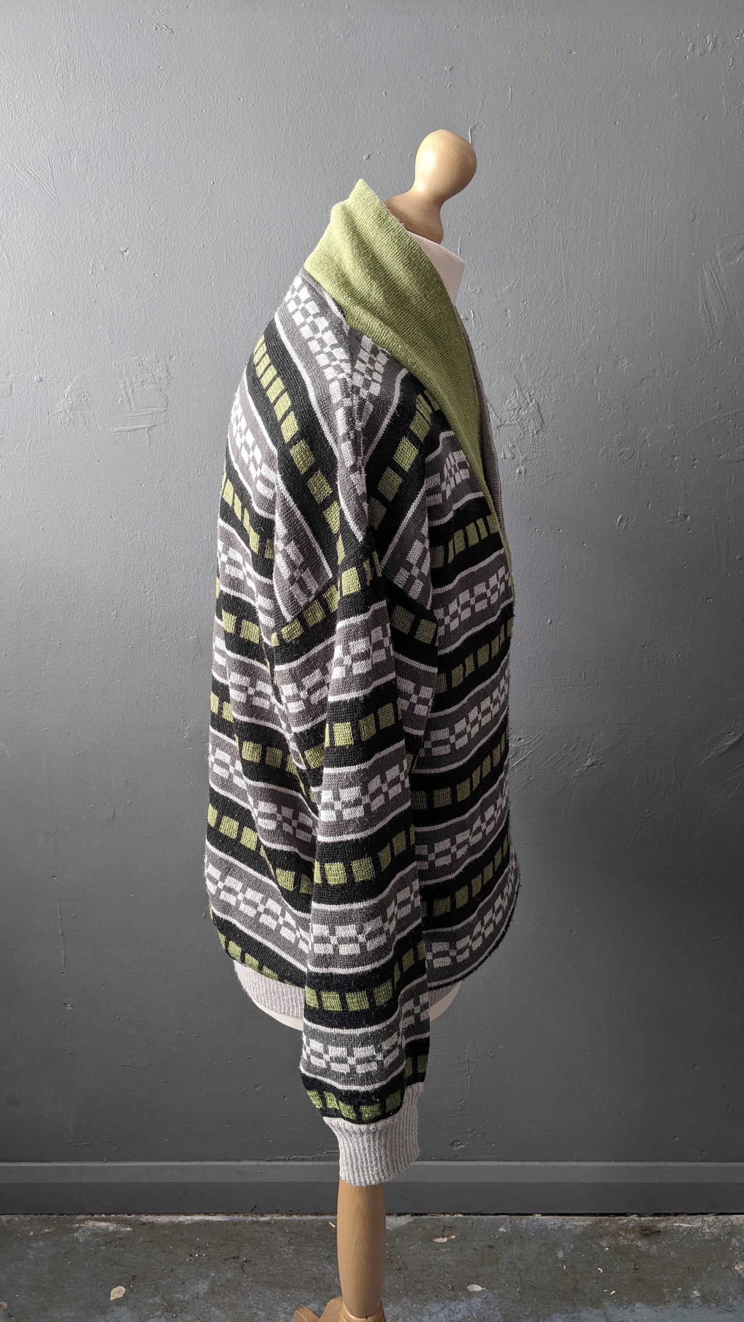 90s Striped High Neck Wool Blend Sweater with Button Shawl Collar, Size L XL 44 46 Chest