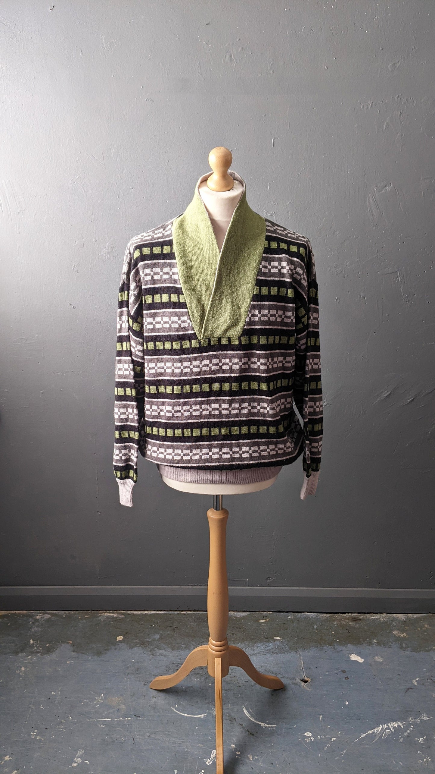 90s Striped High Neck Wool Blend Sweater with Button Shawl Collar, Size L XL 44 46 Chest