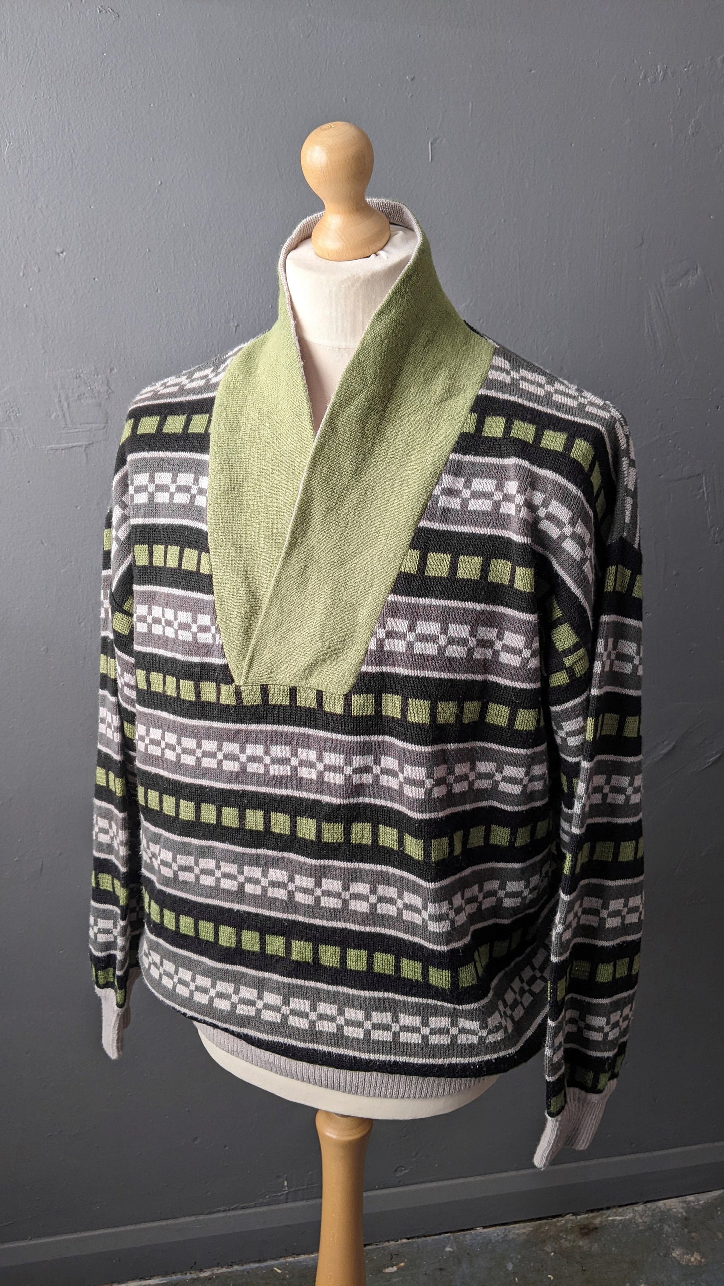 90s Striped High Neck Wool Blend Sweater with Button Shawl Collar, Size L XL 44 46 Chest